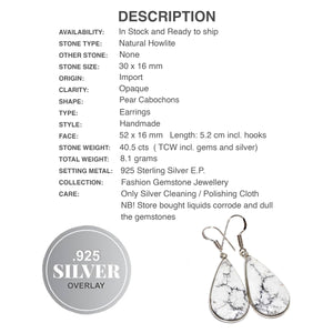 Natural Howlite Pear Shape Gemstone 925 Sterling Silver Earrings