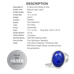 Natural Lapis Lazuli Gemstone Solid .925 Silver Ring Size US 9 or R1/2