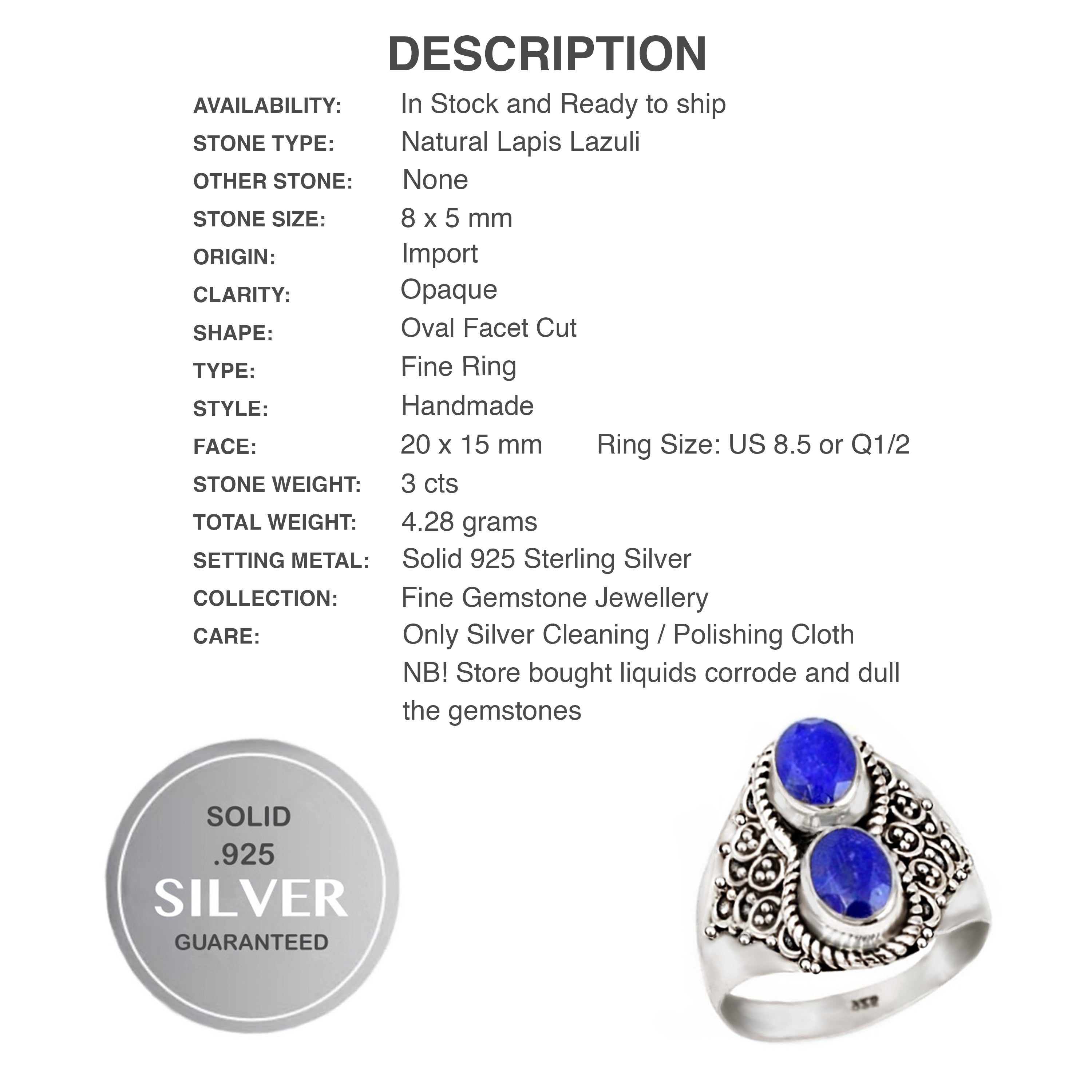 3 ct Natural Lapis Lazuli Gemstone Solid .925 Silver Ring Size US 8.5
