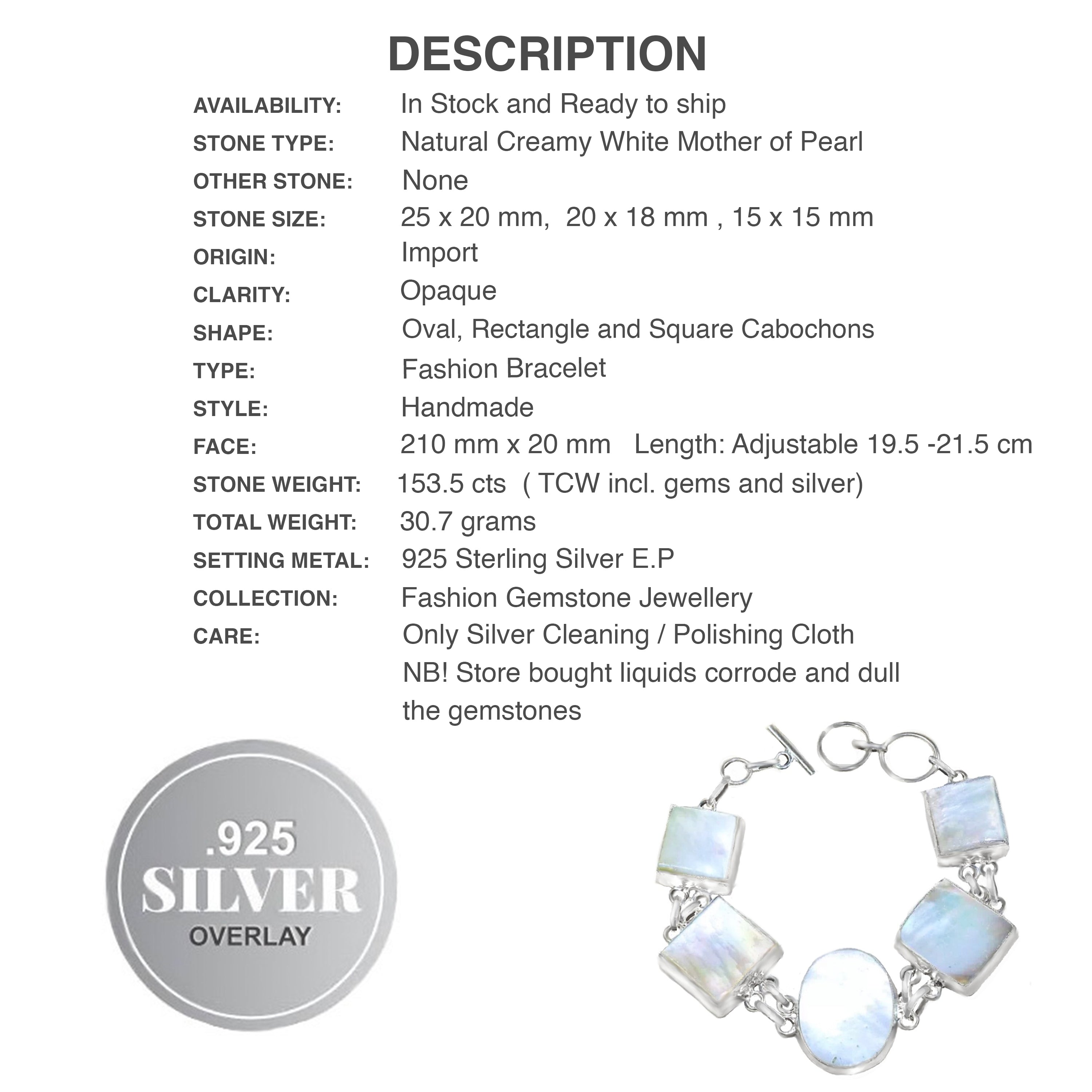 Handmade Mother of Pearl . 925 Sterling Silver Bracelet