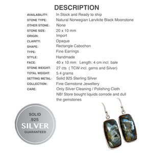 Norwegian Natural Larvikite -Black Moonstone Gemstone Solid .925 Silver Earrings