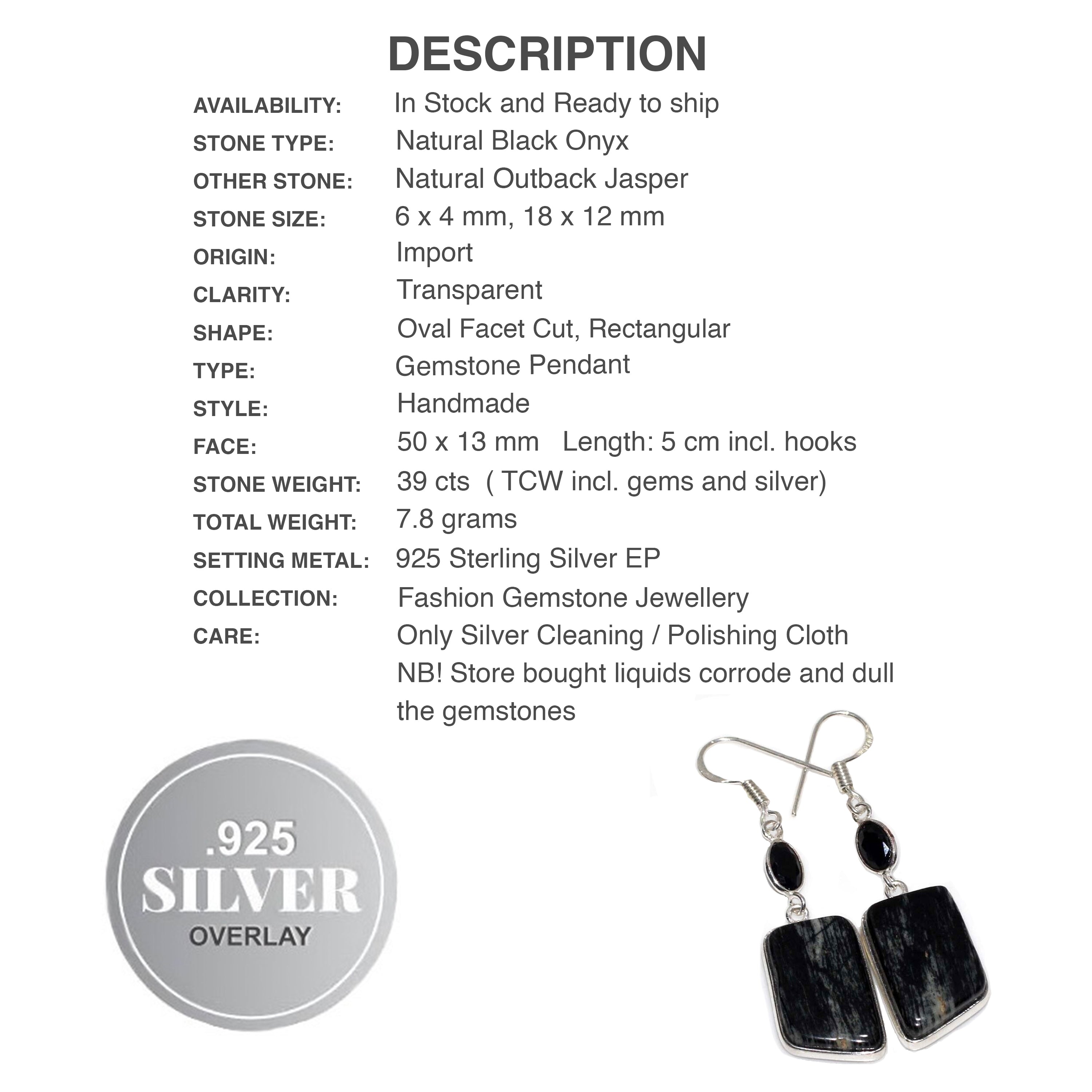 Natural Outback Jasper and Black Onyx Gemstone .925 Sterling Silver Earrings
