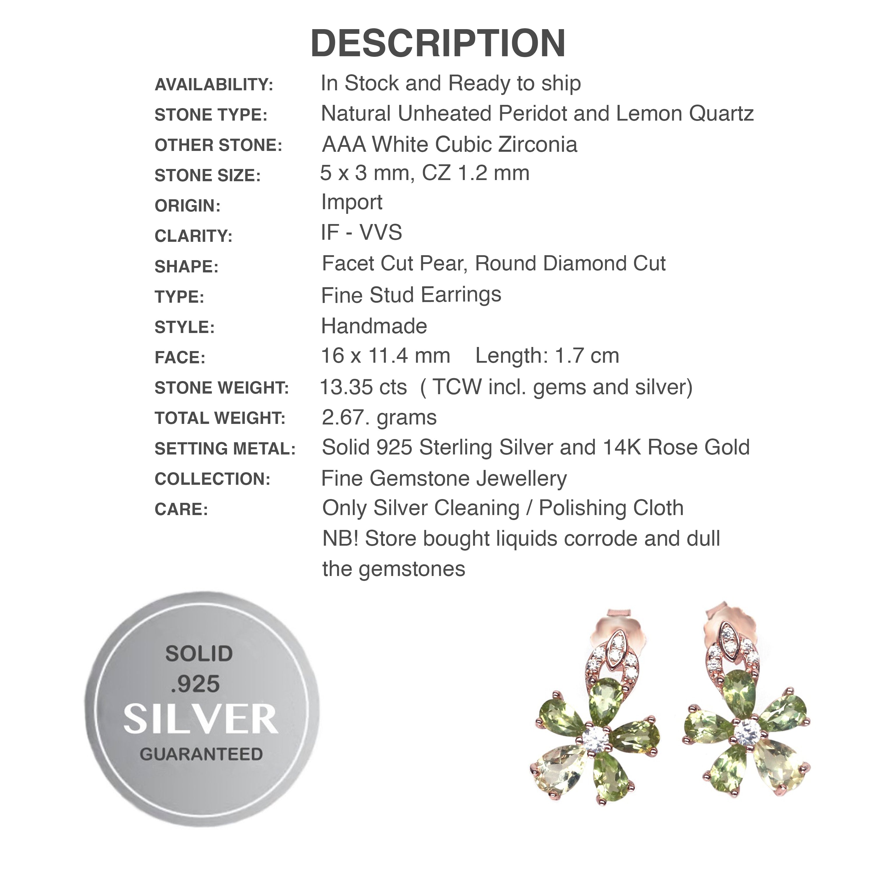 Natural Unheated Peridot, Lemon Quartz Cubic Zirconia Gemstone Solid .925 Sterling Silver Earrings