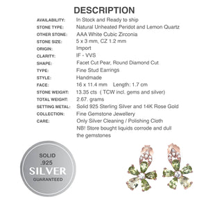 Natural Unheated Peridot, Lemon Quartz Cubic Zirconia Gemstone Solid .925 Sterling Silver Earrings
