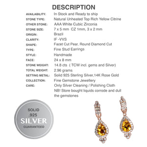 Natural Unheated Pear Citrine White CZ in Solid 925 Sterling Silver 14K Rose Gold Stud Earrings