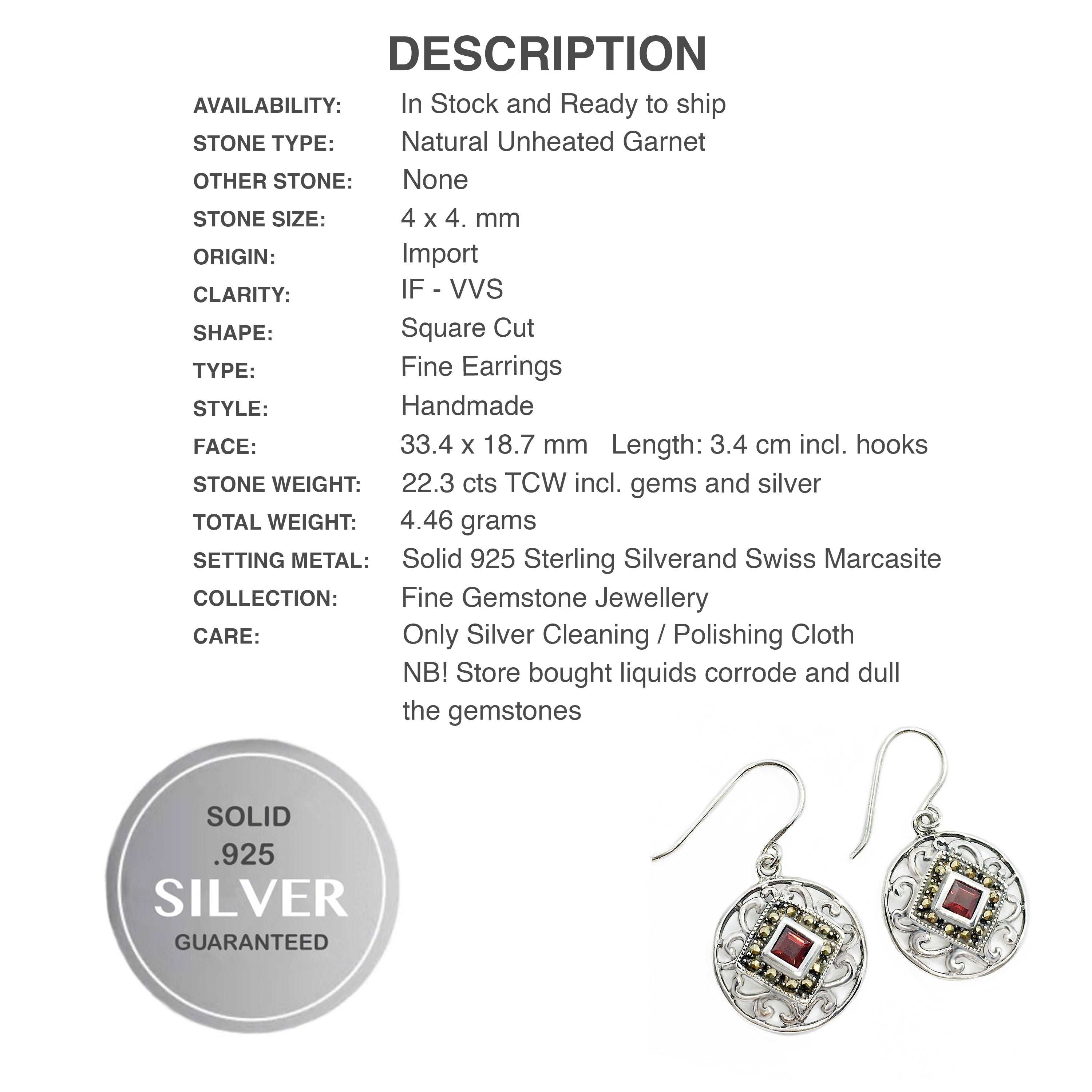 22.3 CT Natural Garnet Gemstone Swiss Marcasite Solid .925 Silver Earrings