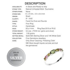 Dainty Natural Unheated Multi-Tourmaline Solid. 925 Sterling Silver Ring Size 9 or R1/2