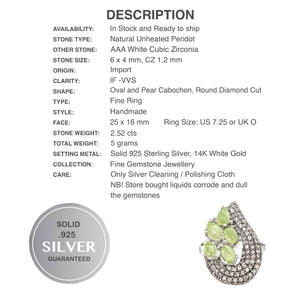 Deluxe Unheated Natural Peridot Ovals and Aaa Cubic Zirconia Ring Size 7.25  Set in Solid .925 Sterling Silver and 14K White Gold