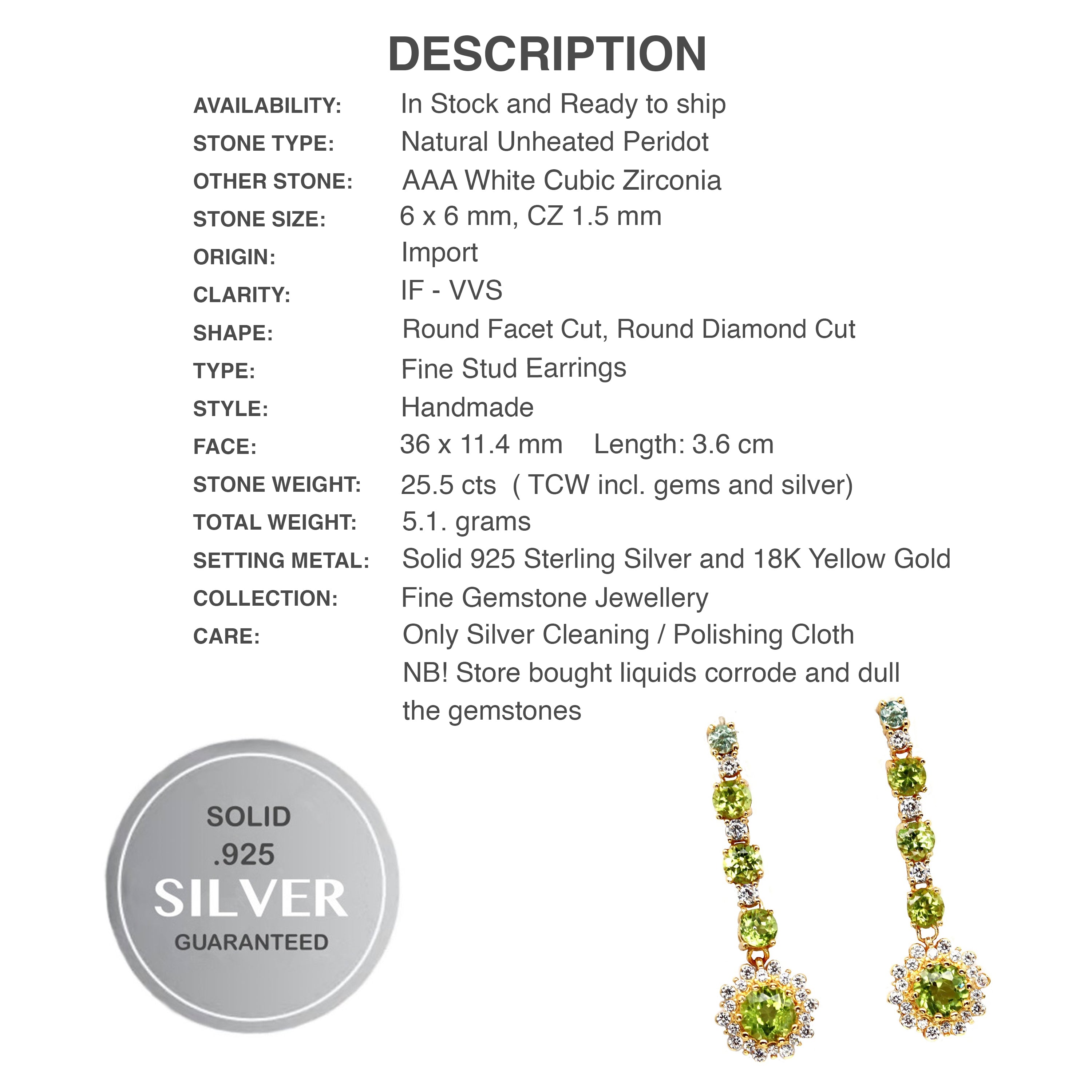 Natural Unheated Peridot, White Cubic Zirconia Gemstone Solid .925 Sterling Silver Earrings