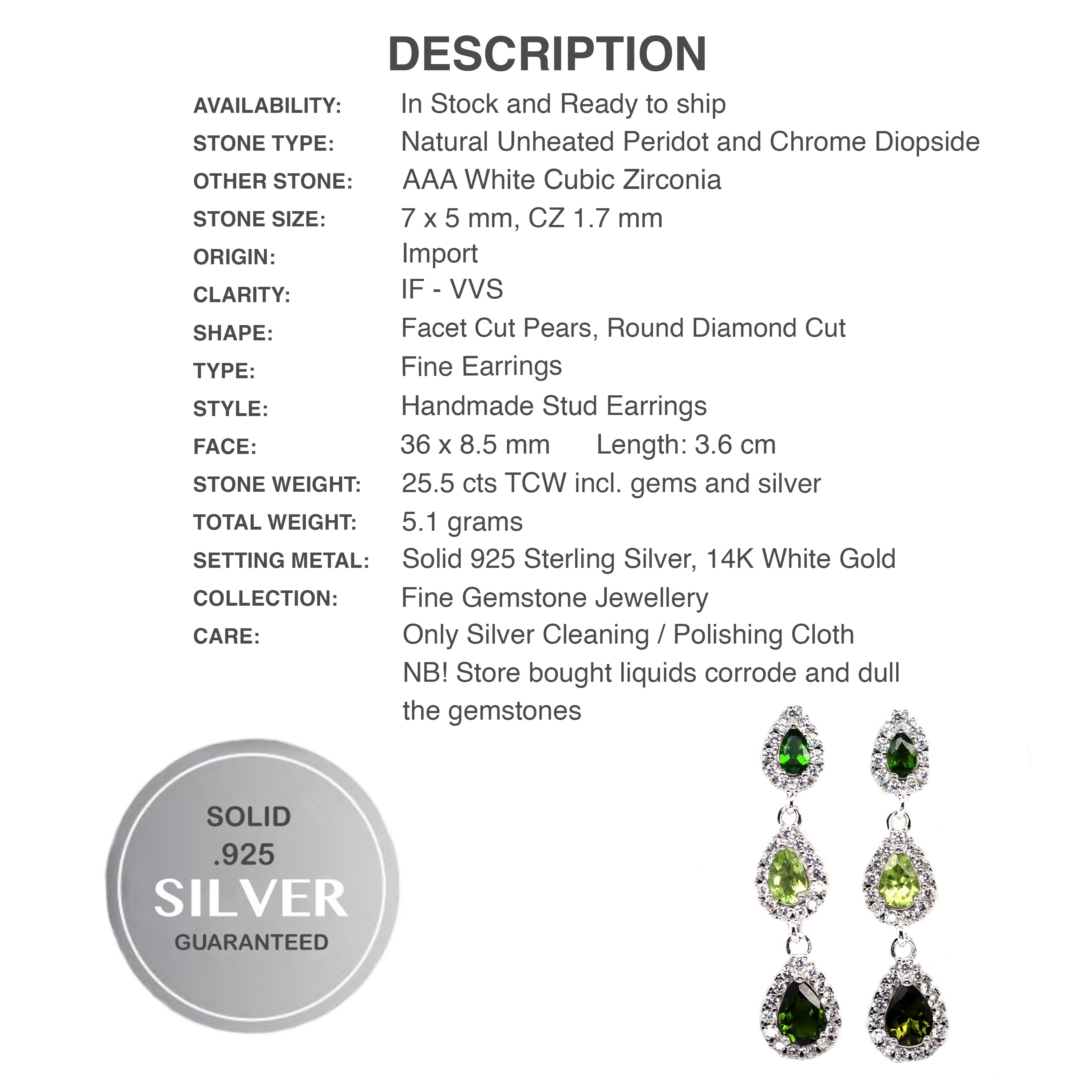 Deluxe Natural Unheated Chrome Diopside, Peridot, CZ Solid .925 Silver 14k White Gold Earrings