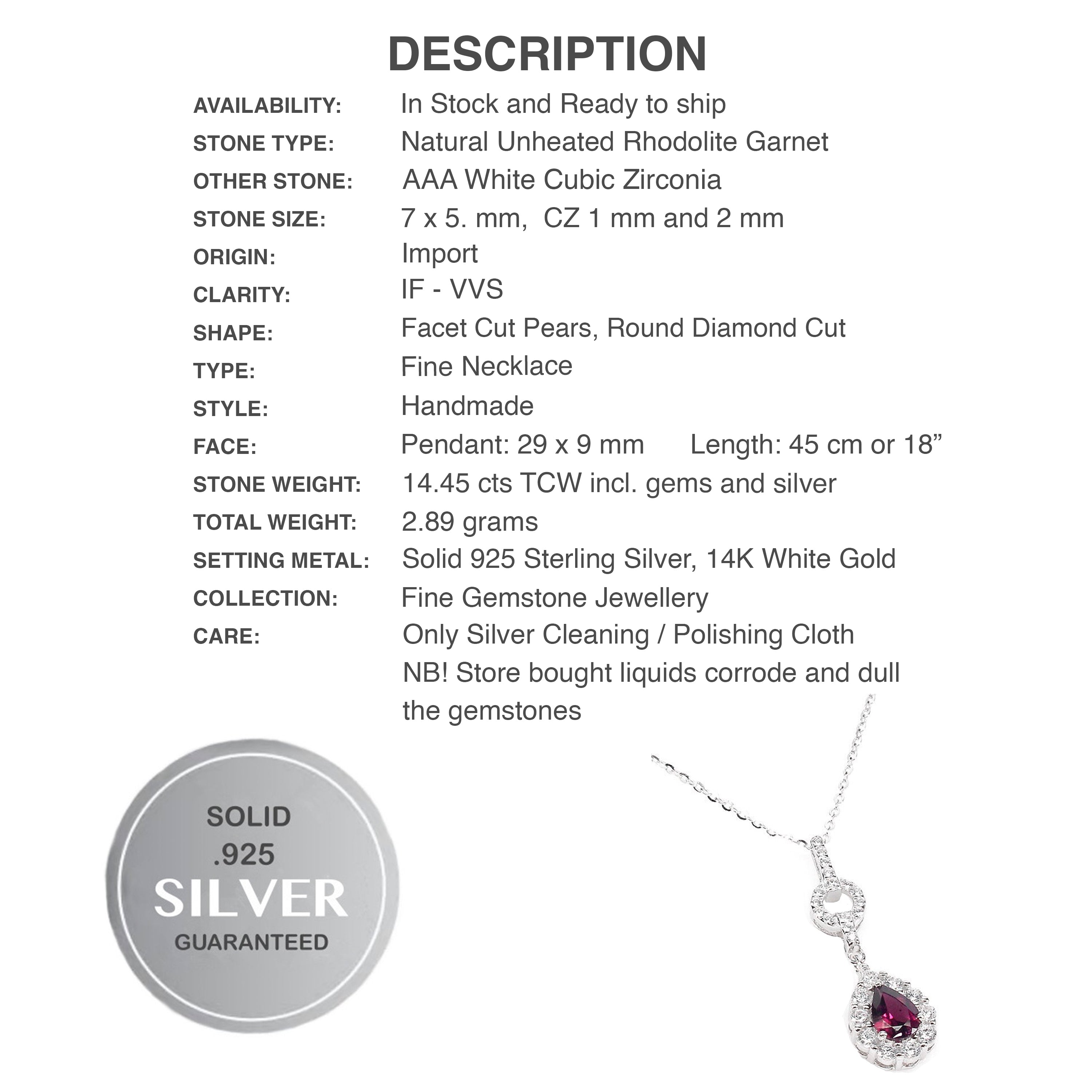 Natural Unheated Rhodolite Garnet AA White CZ Solid .925 Sterling Silver 14K White Gold Necklace
