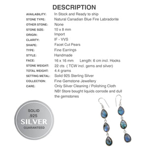 Long Natural Blue Fire Labradorite Pear Shape Solid .925 Sterling Silver Earrings