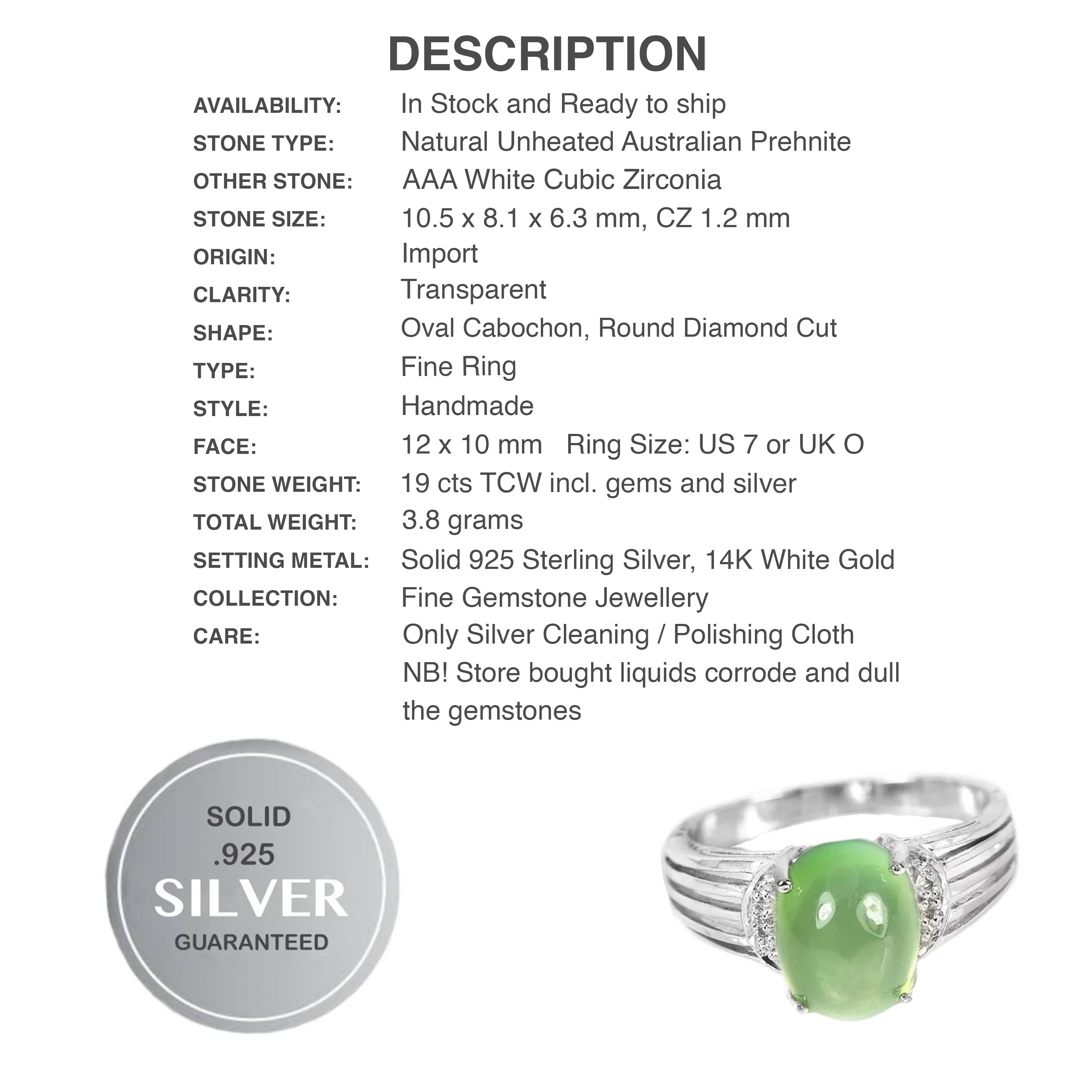 Soft Green Australian Moss Prehnite Cubic Zirconia Gemstone Solid .925 Sterling Silver Ring Size 7