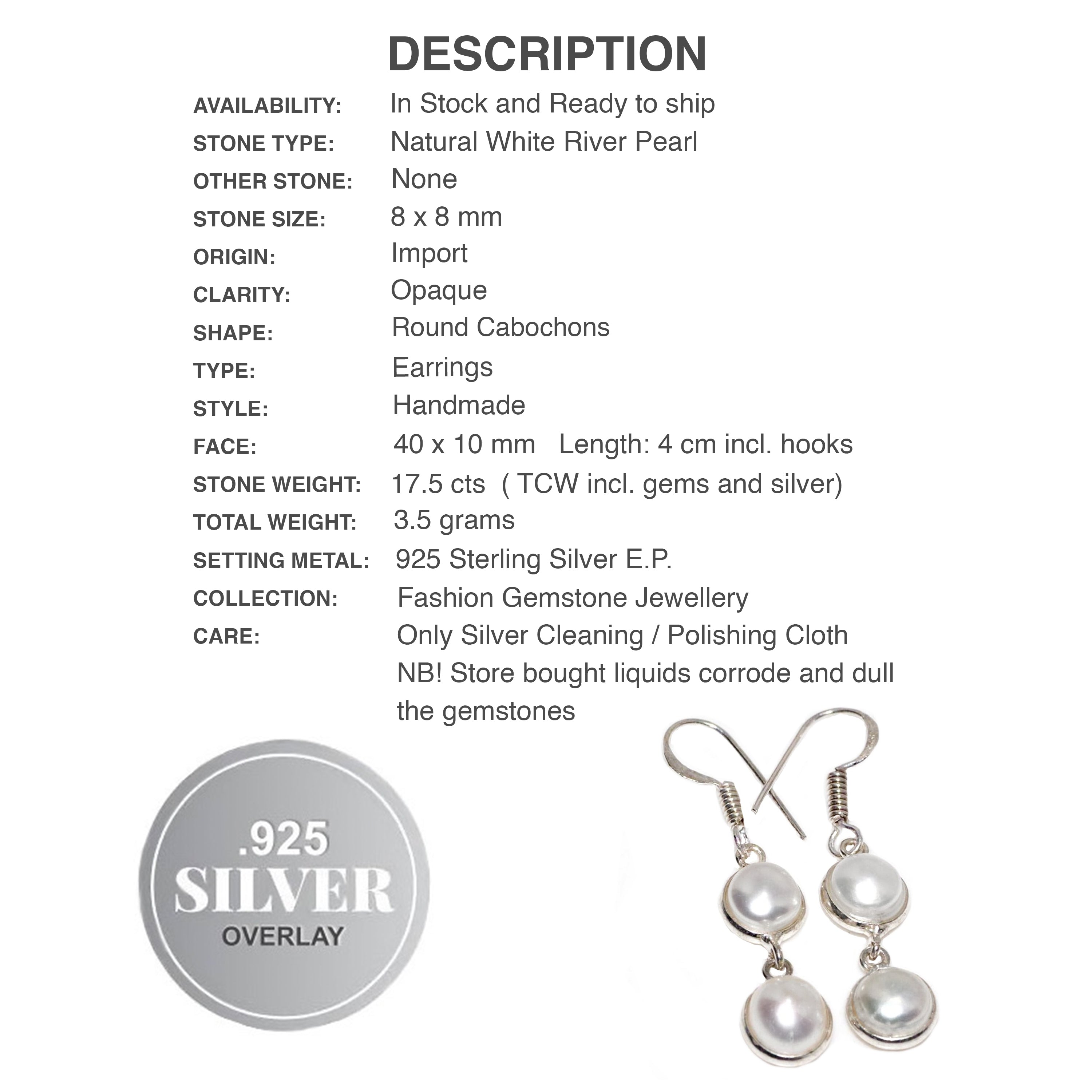 Handmade White River Pearl Gemstone .925  Sterling Silver Earrings