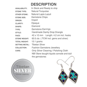 Handmade from Nepal Natural Lapis Lazuli Turquoise Diamond Shape Gemstone Earrings