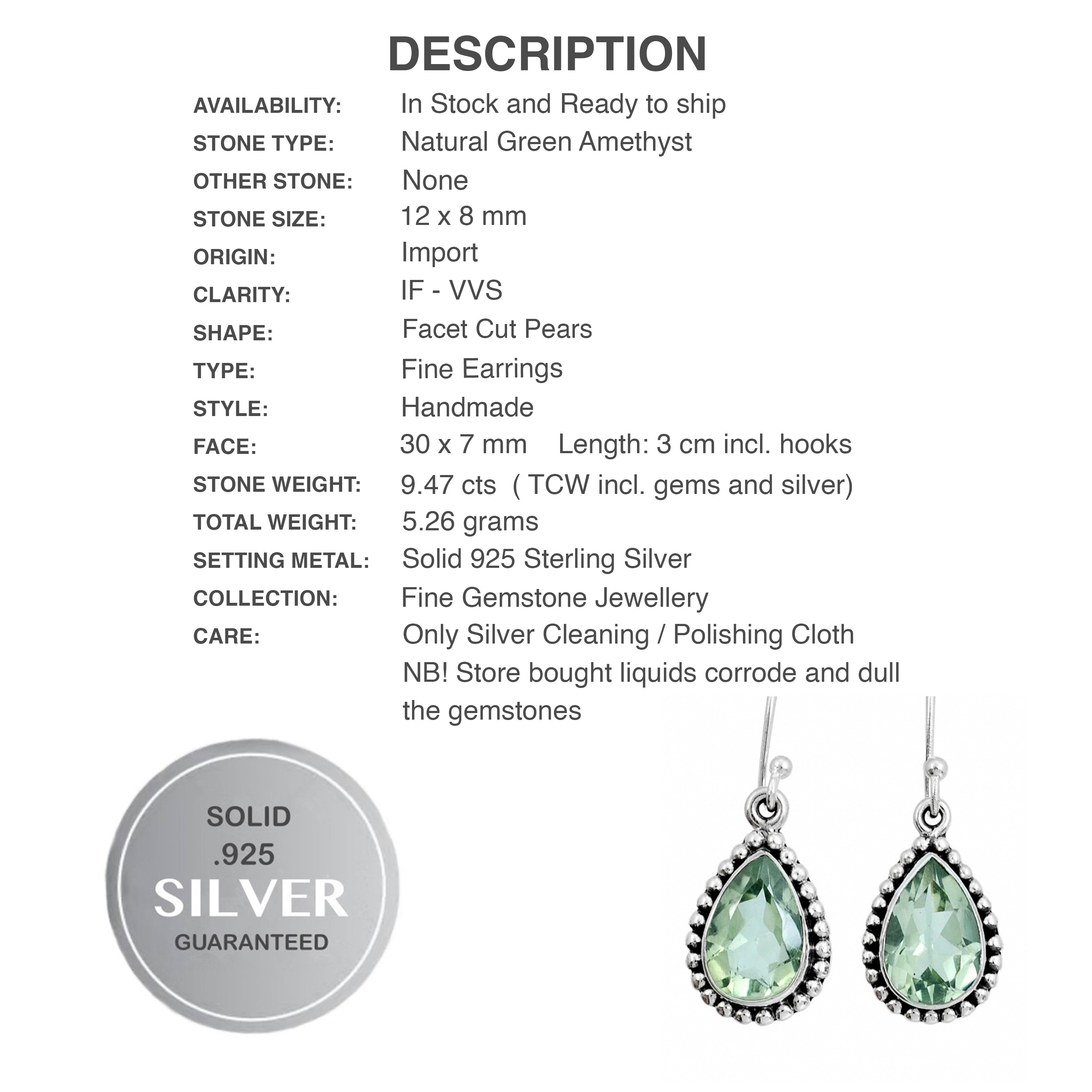 Handmade Natural Green Amethyst Pear Gemstone Solid .925 Silver Earrings
