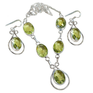 Modern Handmade Faceted Peridot Gemstone Ovals in .925 Silver Necklace and Earrings Set