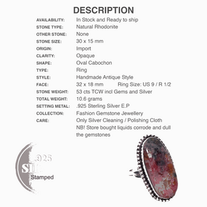 Natural Rhodonite Oval Gemstone .925 Sterling Silver Ring Size 9 / R1/2 - BELLADONNA