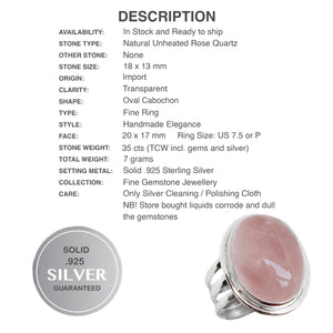 35 ct Natural Oval Rose Quartz Gemstone Solid.925 Sterling Silver Ring Size 7.5 or P - BELLADONNA