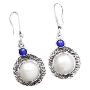Israeli- Natural Freshwater White Pearl , Lapis Lazuli Solid .925 Sterling Silver Earrings
