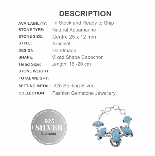 Natural Aquamarine Gemstone 925 Sterling Silver Bracelet - BELLADONNA