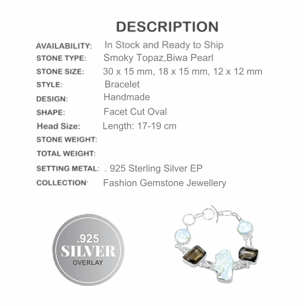 Biwa Pearl & Faceted Smoky Topaz, Gemstone .925 Silver Bracelet - BELLADONNA