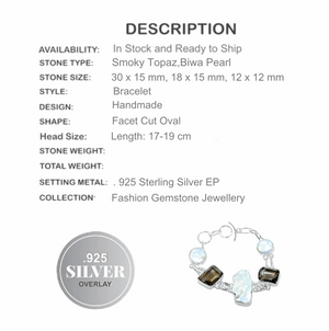 Biwa Pearl & Faceted Smoky Topaz, Gemstone .925 Silver Bracelet - BELLADONNA