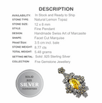8.77 CTS Natural Lemon Topaz, Swiss Marcasite Solid .925 Sterling Silver Pendant - BELLADONNA