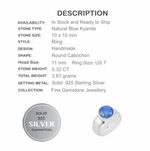 5.42 Cts Natural Blue Kyanite Gemstone Solid .925 Sterling Silver Ring Size US 7 - BELLADONNA