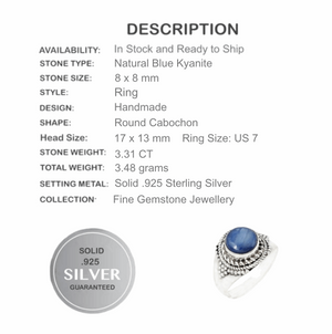 3.31 cts Natural Blue Kyanite Gemstone Solid .925 Sterling Silver Ring Size US 7 UK P - BELLADONNA