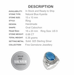 Genuine 6.68 ct Natural blue Kyanite Gemstone Solid .925 Sterling Silver Ring Size 9 - BELLADONNA