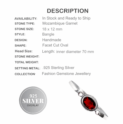 Deep Red Faceted Garnet Oval Gemstone .925 Silver Fashion Bangle - BELLADONNA