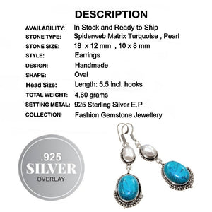 Handmade Spiderweb Matrix Turquoise and Pearl Gemstone .925 Sterling Silver Earrings