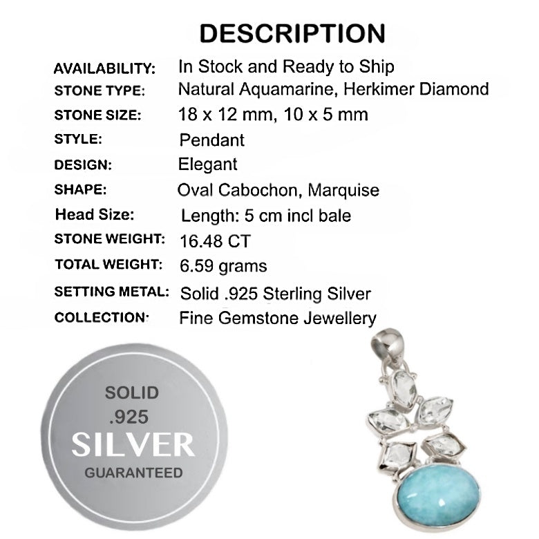 Natural Aquamarine, Herkimer Diamond Gemstone Solid .925 Sterling Silver Pendant