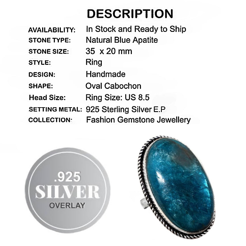 Natural Blue Apatite Gemstone .925 Sterling Silver Ring Size US 8.5 or Q 1/2