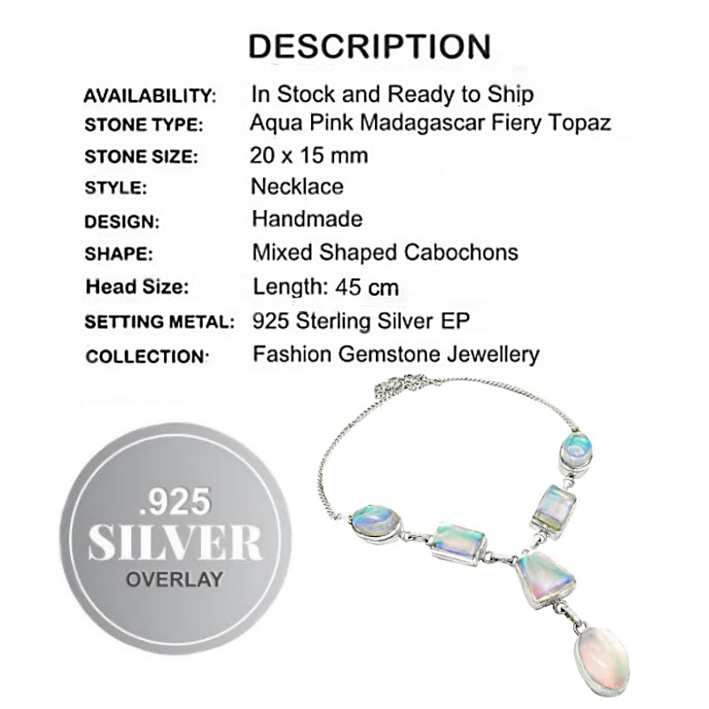 Aqua Pink Madagascar Fire Topaz Gemstone .925 Silver Necklace