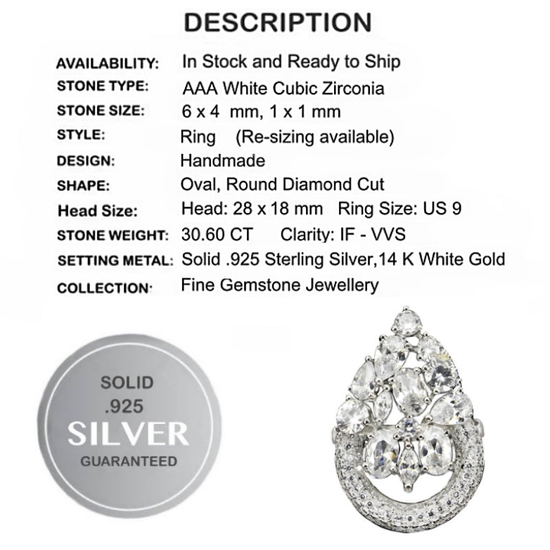 30.60 Cts Natural White Cubic Zirconia Solid .925 Silver Ring Size 9