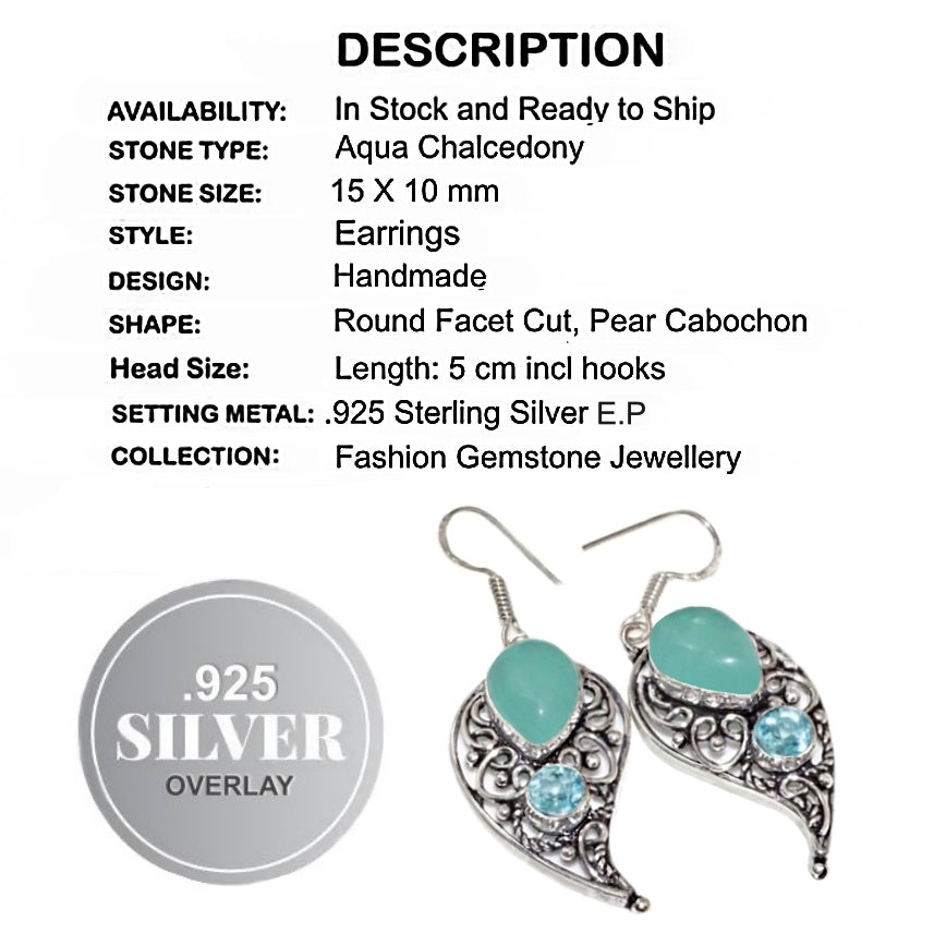 Handmade Paisley Design Aqua Chalcedony and Blue Topaz.925 Silver Earrings