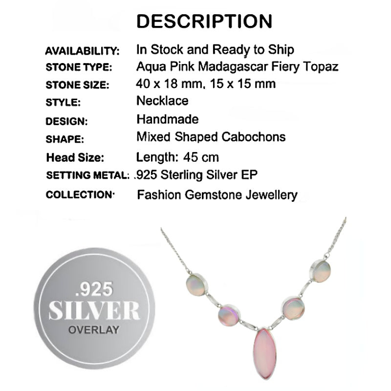 Aqua Pink Madagascar Fire Topaz Gemstone .925 Silver Necklace