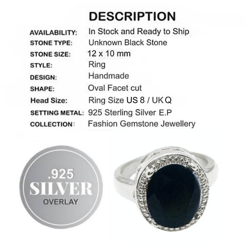 Handmade Black Oval Gemstone  .925 Silver Ring Size US 8 / UK Q