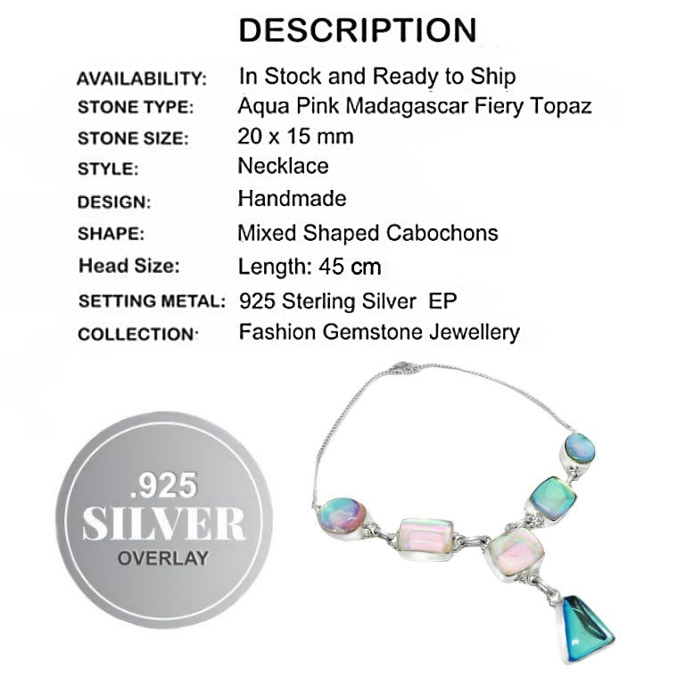Handmade Aqua Pink Madagascar Fire Topaz Gemstone .925 Silver Necklace