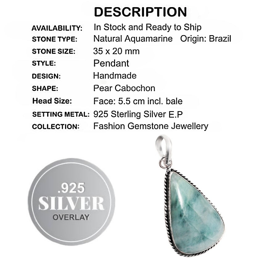 Handmade Natural Aquamarine Pear 925 Sterling Silver Pendant