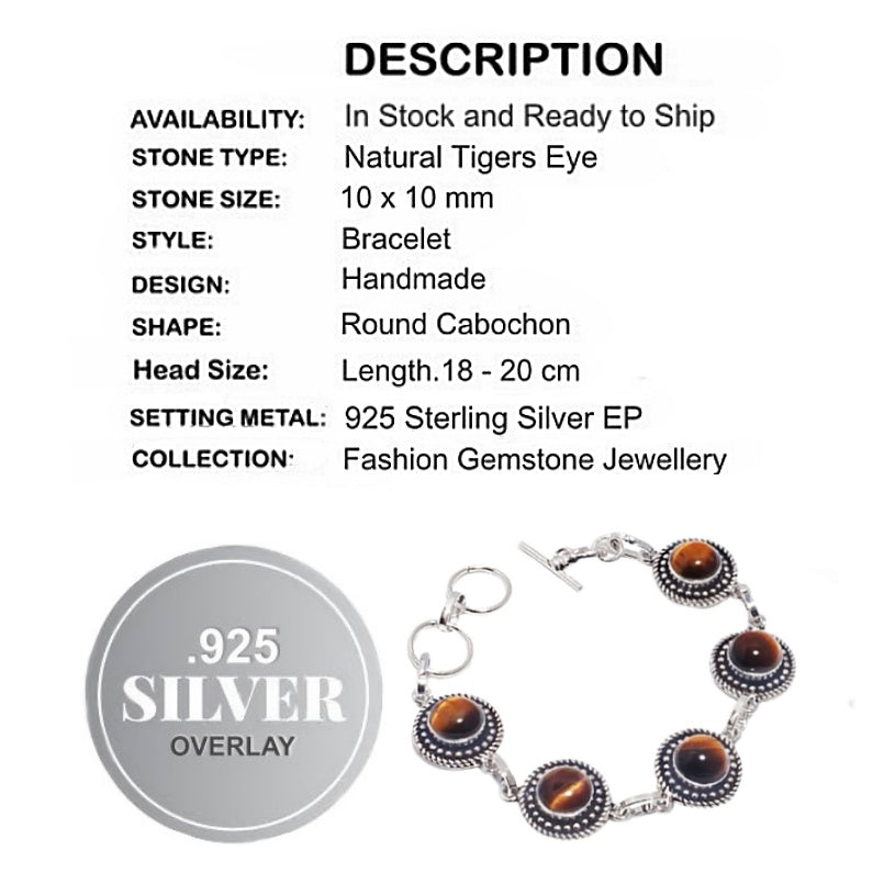 Natural Tigers Eye Gemstone  .925 Sterling Silver Bracelet