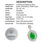 11.61 Cts Natural Green Chalcedony, White Topaz Solid .925 Silver Pendant