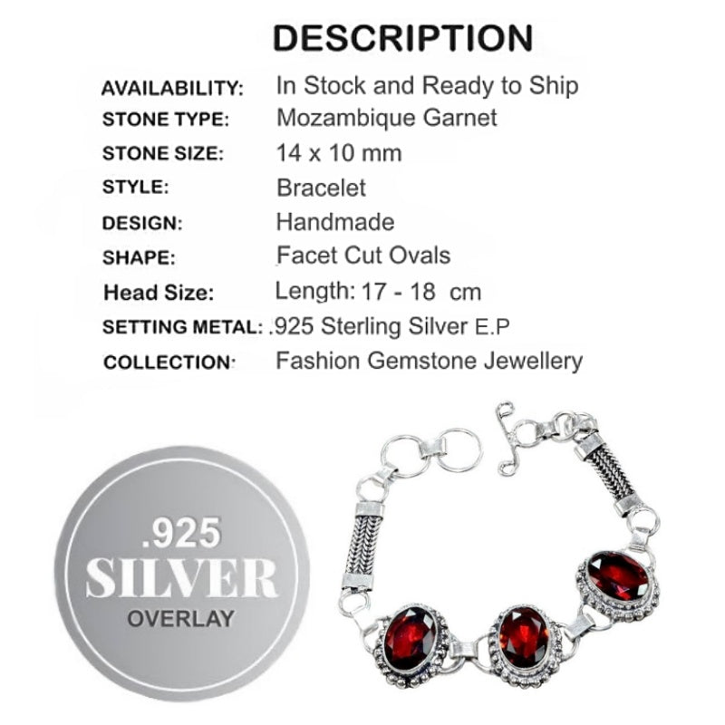 Faceted Garnet Ovals Gemstone .925 Silver Fashion Bracelet