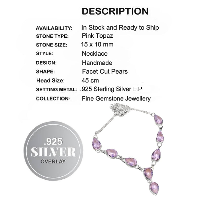 Handmade Pastel Pink Topaz Pears Gemstone .925 Silver Necklace