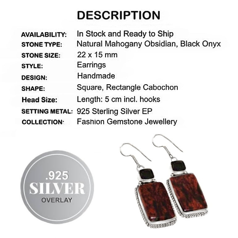 Natural Black Onyx, Mahogany Obsidian Gemstone .925 Silver Earrings
