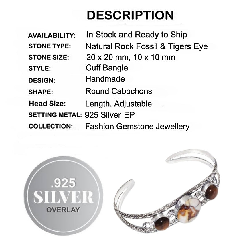 Natural Rock Fossil Tigers Eye Gemstone  .925 Sterling Silver Cuff Bangle