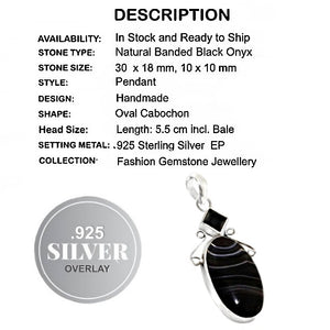 Natural Banded Black Onyx Gemstone .925 Silver Pendant