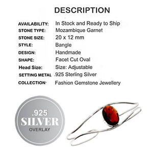 Handmade Faceted Garnet Oval Gemstone .925 Silver Adjustable Bangle